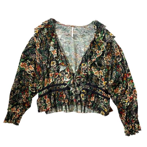 Free People Rudi Ruffle Top - Green with Multicolor Florals - Boho - Size XL - Picture 1 of 6